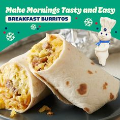 breakfast burritos are on a plate with a bunny figurine in the background