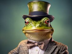 a frog in a top hat and bow tie wearing a tuxedo with his hands on his hips