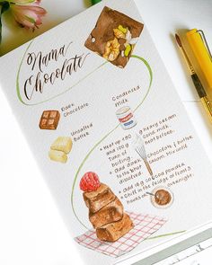 a recipe card with an illustration of the ingredients for a chocolate dessert on it next to a cup of coffee