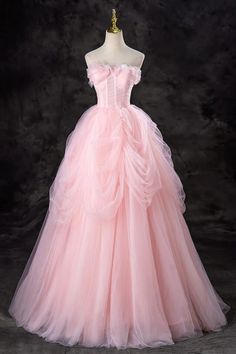 Step into a dream with this Fairytale Pink Tulle Ball Gown. This enchanting dress features a romantic off-shoulder neckline adorned with delicate ruffles, creating a whimsical and ethereal look. The fitted bodice is designed with a corset-like structure, providing both support and a flattering silhouette, making you feel like a princess.The voluminous skirt is crafted from layers of soft pink tulle that cascade gracefully to the floor, adding a sense of movement and elegance to your every step. Wedding Pink Dress Bridesmaid, Pink Prom Dresses Elegant, Gorgeous Pink Dresses, Beautiful Pink Dresses Princesses, Pink Flapper Dress Roaring 20s, Pink Dress For Sweet 16, Long Poofy Dresses, Pink Sleep Dress, Pink Angel Outfit