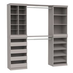 an open closet with shelves and drawers