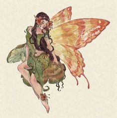 a drawing of a fairy with a butterfly on her back