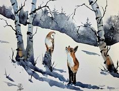 watercolor painting of two foxes in the snow near trees and branches, with one looking back at the camera