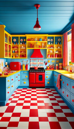 a kitchen with red and blue cabinets, yellow counter tops, and checkered flooring