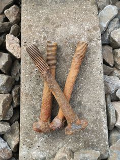 two rusty hairbrushes laying on top of some rocks next to eachother