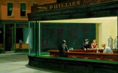 a painting of people sitting at a bar in front of a building with lights on