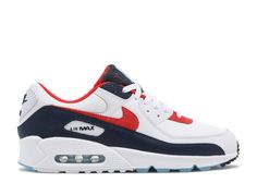 Air Max 90 'USA Denim' - Nike - DJ5170 100 - white/chile red/midnight navy | Flight Club White Chile, Nike Air Max 90 Mens, Nike Air Max 90s, Nike Fashion Sneakers, Nike Sneakers Women, Free Beer, Orange Sweater, Flight Club, Nike Shoes Outfits