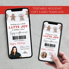 two cell phones with christmas gift cards attached to them, one being held in front of the other