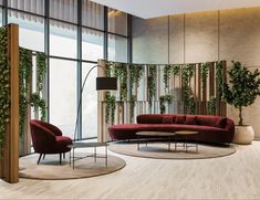 a living room filled with lots of furniture and plants on top of the walls in front of large windows