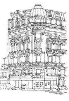 a drawing of a building with many windows and balconies on the top floor