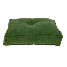 the green corded dog bed is shown