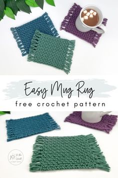 four crocheted coasters with the text easy my rug free crochet pattern