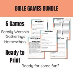 the bible games bundle includes 5 games, family worship and homeschool printables