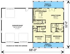 the floor plan for a two story house with an attached garage and living room area