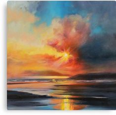 a painting of a sunset over the ocean with clouds and sun reflecting in the water