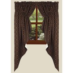 an open window with curtains in front of it and a view of trees outside the window