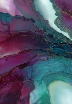 an abstract painting with blue, purple and green colors on it's surface that looks like fluid paint