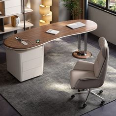 an office desk with a chair in front of it and a book shelf behind it