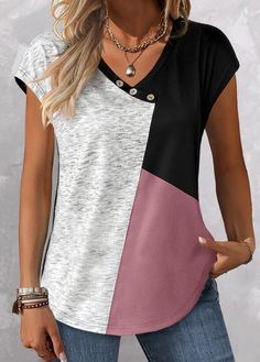 ROTITA Patchwork Pink V Neck Short Sleeve T Shirt Women T Shirt Sewing Pattern, Vneck Tshirt Sewing Pattern, Button Decor, Trendy Tops For Women, Plus Size Kleidung, Refashion Clothes, Trendy Tops, Fashion Tops