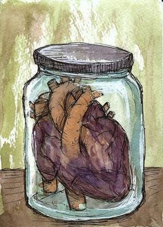 a drawing of a human heart in a jar