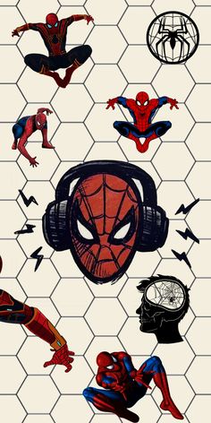 an image of spider - man and other superheros on a white background with geometric shapes