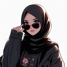 a woman wearing sunglasses and a hijab is holding her hand to her face