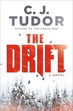 the book cover for the drift by c j tudor, with trees in the background