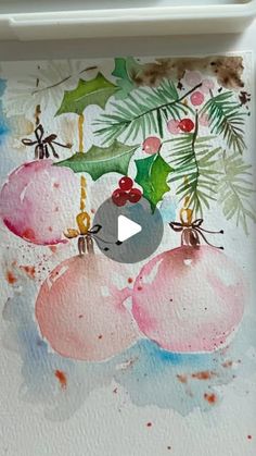 a watercolor painting of christmas ornaments hanging from a tree