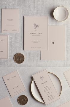 the wedding stationery is laid out and ready to be put into the reception table