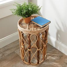 a plant sits on top of a wicker table