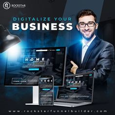 a man standing in front of three computer screens with the words digitalize your business on them