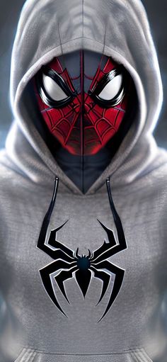 a spider man hoodie is shown with the face painted in black and red on it