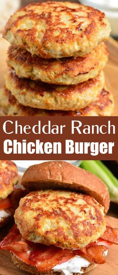 the cheddar ranch chicken burgers are stacked on top of each other and ready to be eaten