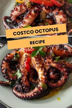 an octopus is on a white plate with green peppers and red peppers in the middle