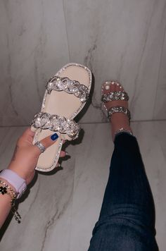 Maddy - Double Embellished Strap Flat Sandals Sandals Aesthetic, Single Sole Heels, Shoe Model, Rhinestone Flats, Stunning Shoes, Slip On Sandals, Classy Fashion, Girly Shoes, Stylish Sandals