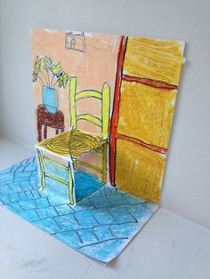 a drawing of a chair and table in front of a window with a potted plant on it