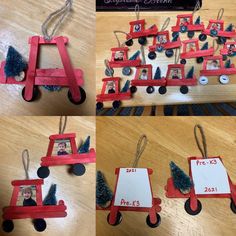 four different pictures of a red tractor with christmas trees on the front and sides, hanging from twine strings