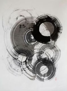 an abstract black and white painting with circles