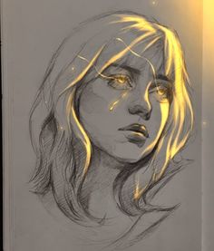 a drawing of a woman's face with yellow light coming from behind her head