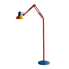 a red and blue lamp on a white background