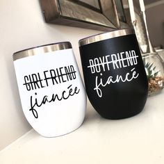 These Custom Fiance tumblers would be an awesome gift for a newly engaged couple and would be soo cute for engagement photos!! Material: This is a 12 oz. Stainless Steel, double insulated tumbler with a solid plastic top. This tumbler can be customized by 1) Tumbler Color, 2) Design Color, 3) Girlfriend/Fiancee or Boyfriend/Fiance Engagement Gifts Newly Engaged, Wedding Tumblers, Engagement Gifts For Couples, Engaged Couple, Newly Engaged Couple, Gifts For Fiance