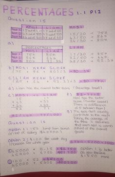 a piece of paper with writing on it and numbers written in purple ink, next to a calculator