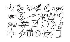 hand drawn doodles with different shapes and sizes on white paper, including hearts, arrows