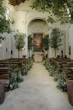 an empty church with benches and trees in the aisle, all set up for a wedding ceremony