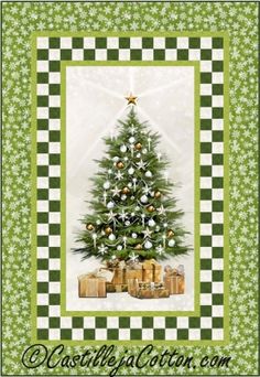 a christmas tree with presents under it on a green and white checkerboard background