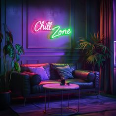 a living room filled with furniture and a neon sign on the wall above it that says chill zone