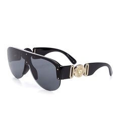 From Versace&#x2C; these sunglasses feature: Shield ShapeAcetate FrameRimlessSolid LensImported. Versace Shades Men, Versace Glasses For Men, Versace Sunglasses Men, Unique Glasses Frames, Versace Shades, Spud Webb, Sunglasses Versace, High Knee Boots, Knee Boots Outfit