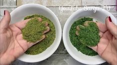 two hands holding small white bowls filled with green moss