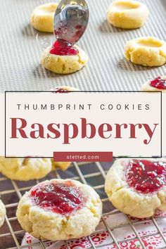 thumbprint cookies with raspberry jam on top and text overlay that reads, thumbprint cookies raspberry