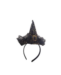 a black witches hat with a gold buckle on the front and lace around the brim